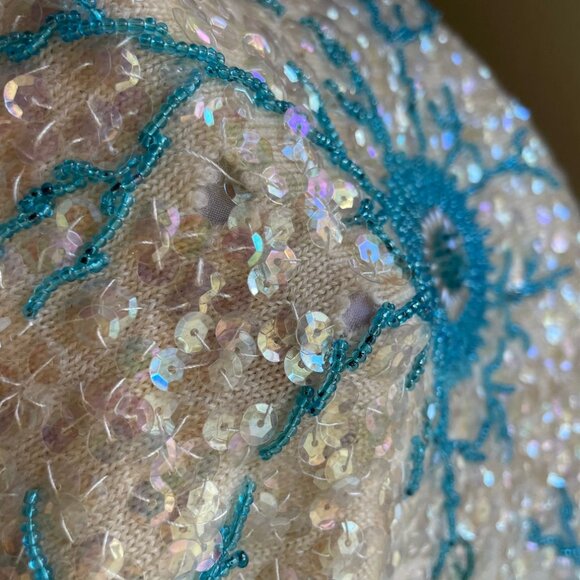 Vintage Beaded Sequin Top Womens Large Cream Blue Ocean Cell 60s Mad Men Mermaid - Picture 13 of 15